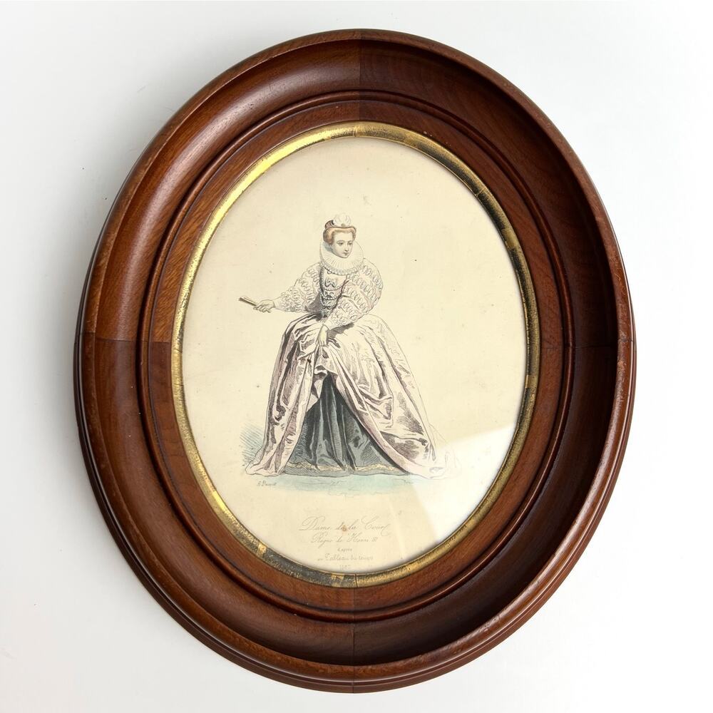 Antique 19th c. Pauquet Court Lady Lithograph | Victorian Wood Oval Frame Art